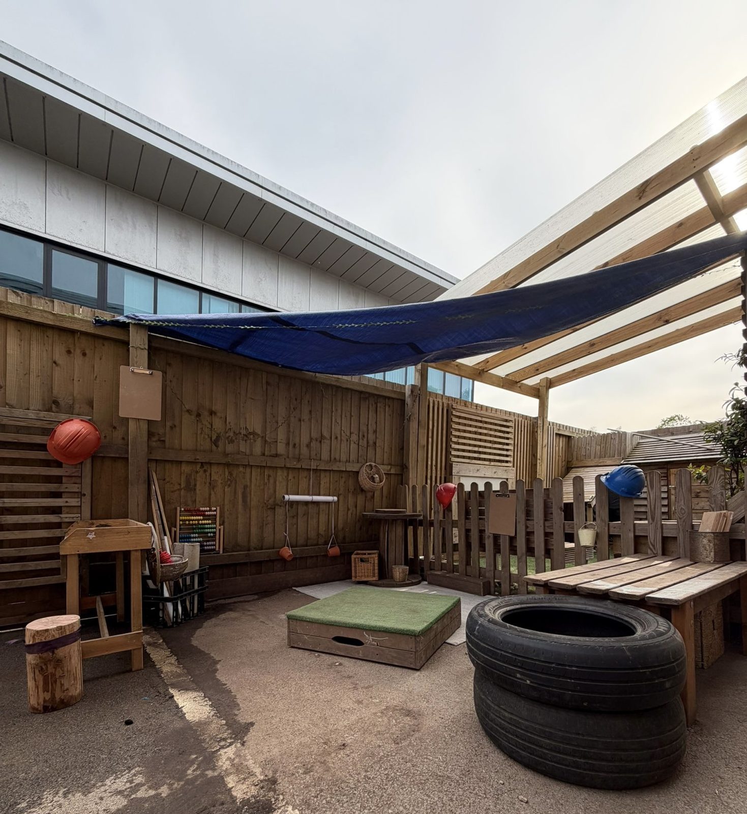 Covered all weather play area with wooden climbing blocks at Wibli Wobli nursery Newport
